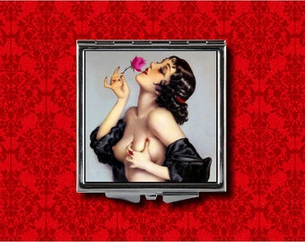 Pin Up Girl Rose Sexy Flower Vargas Vintage Style Metal Makeup Hand Pocket Compact Mirror