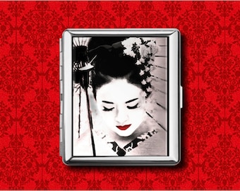 Japanese Geisha Art Japan Pin Up Girl Vintage Metal Wallet Stash Business Credit Card Cigarette ID IPod Holder Box Case