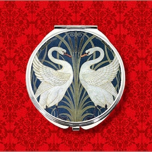 Svanar Walter Crane Alphonse Mucha Art Nouveau Blommig Fågeldekor Vintage Stil Rund Metall Sminkspegel Handficka Kompakt