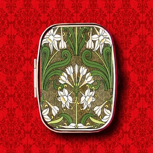 Art nouveau Jonquille Fleur Floral vintage Bague Bibelots Cachette Médecine Vitamines Gomme Tic Tacs Menthe Métal Boîte à Pilulier Support