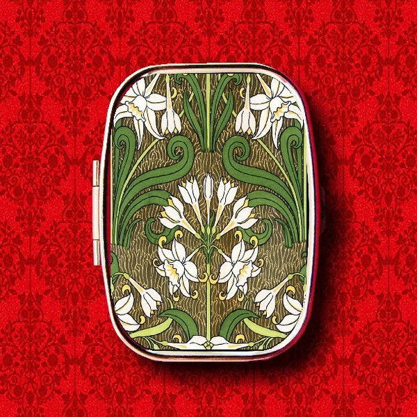 Art Nouveau Jonquil Flower Floral Vintage Ring Trinket Stash Medicine Vitamins Gum Tic Tacs Mint Metal Pill Box Case Holder