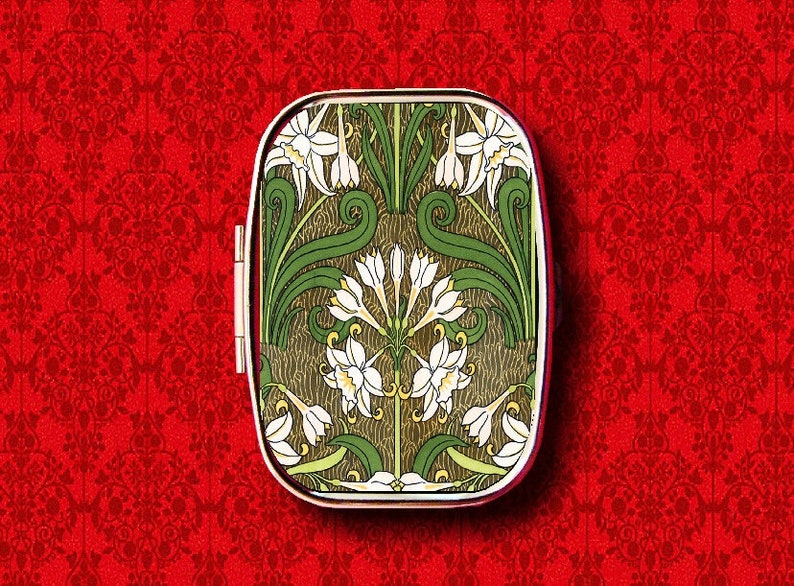 Art Nouveau Jonquil Flower Floral Vintage Ring Trinket Stash Medicine Vitamins Gum Tic Tacs Mint Metal Pill Box Case Holder 