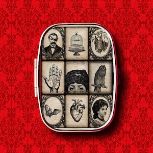 Steampunk Owl Bat Human Anatomical Heart Palmistry Vintage Ring Trinket Stash Medicine Vitamins Gum Tic Tacs Mint Metal Pill Box Case Holder
