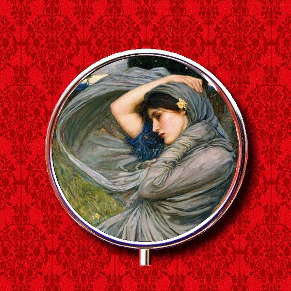 Boreas John Waterhouse Renaissance Woman Lady Art Scarf Art Ring Trinket Stash Gum Medicine Vitamins Round Mint Metal Pill Box Case Holder