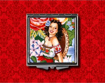 Mexican Pin Up Girl Latina Hispanic Sombrero Vintage Style Metal Makeup Hand Pocket Compact Mirror