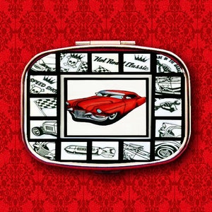 Hot Rod Drag Racing Strip Dragster Car Vintage Rockabilly Skull Trinket Stash Medicine Vitamins Gum Mint Tic Tac Metal Pill Box Case Holder
