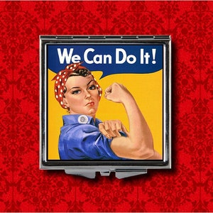 We Can Do It Pin Up Girl Sexy Rosie the Riveter Vintage Style Metal Makeup Hand Pocket Compact Mirror