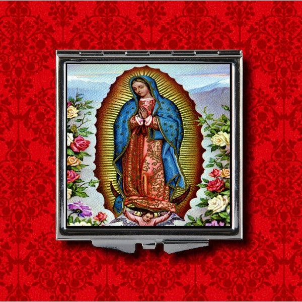 Notre-Dame de Guadalupe Vierge Marie catholique religieux style vintage maquillage en métal poche main miroir compact