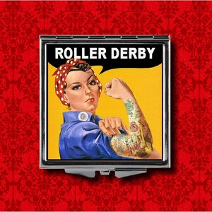 Roller Derby Skate Pin Up Girl Sexy Tattooed Rosie the Riveter Vintage Style Metal Makeup Hand Pocket Compact Mirror