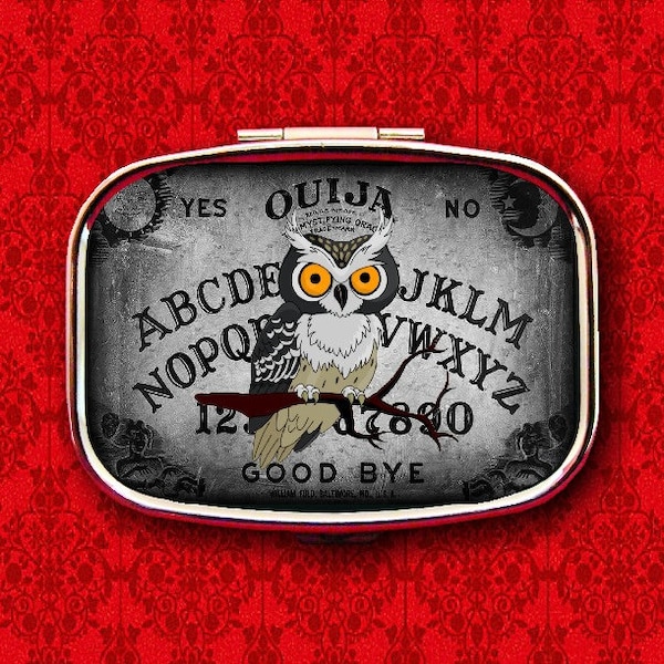 Ouija Board Game Owl Halloween Ring Trinket Stash Medicine Vitamins Gum Tic Tacs Mint Metal Pill Box Case Holder