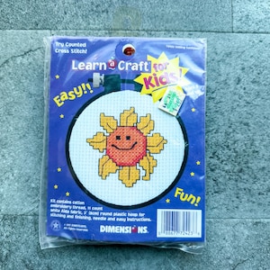 Vintage NOS Dimensions Learn a Craft for Kids Smiling Sunflower Counted Cross Stitch Kit COMPLETE