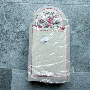 May include: A rectangular notepad with a rounded top, wrapped in clear plastic. The top features a cartoon illustration of a person with long hair and the text "Take life one disaster at a time" printed in red ink above a blank writing area.