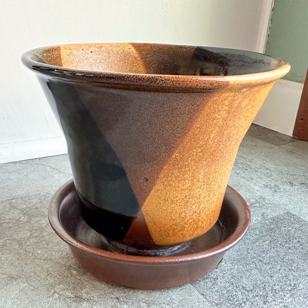 Vintage Pottery Craft Flower Pot Planter with Saucer Brown Earth Tones #607 Made in USA