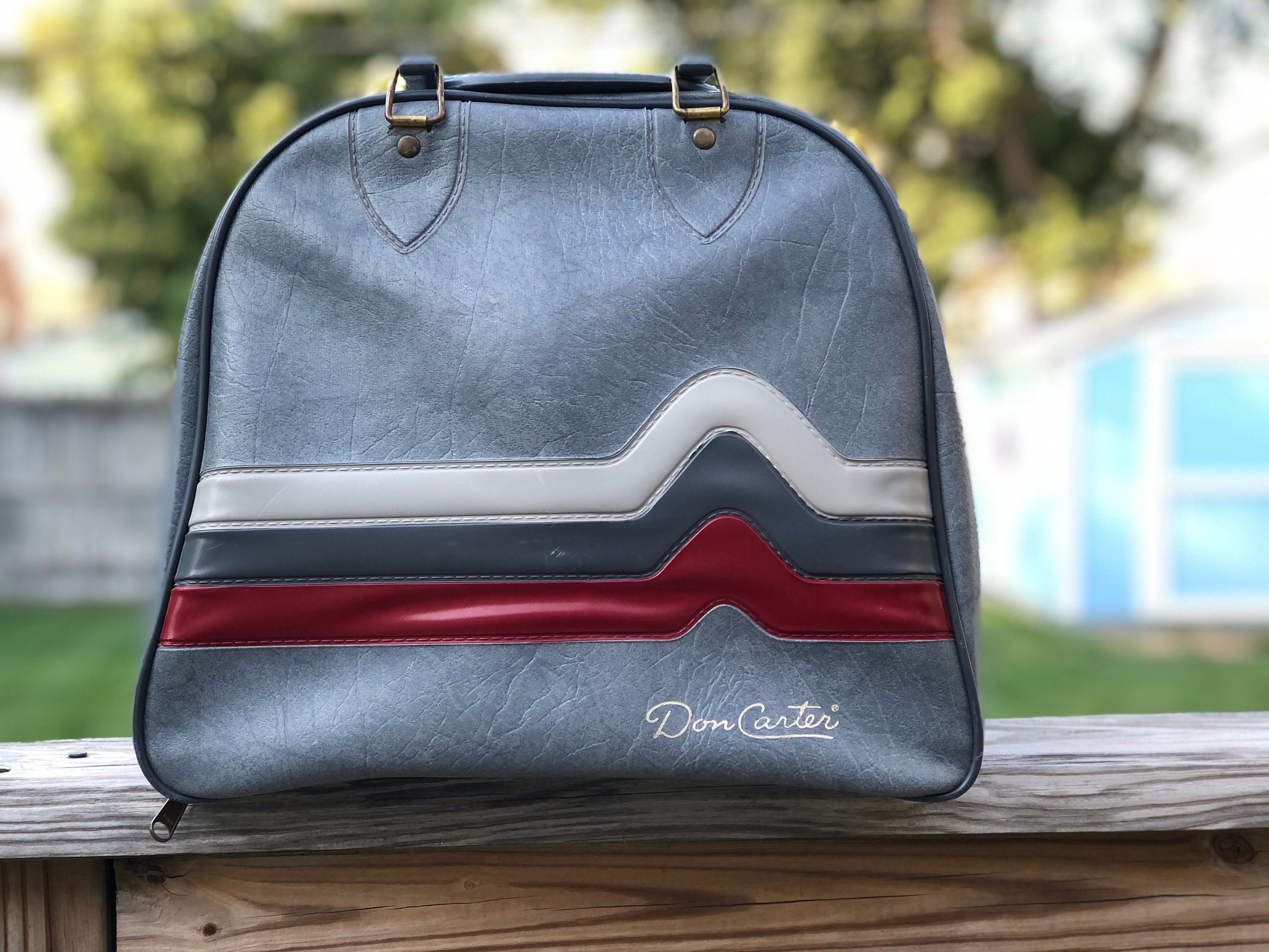 Vintage Brunswick Blue Bowling Ball Bag with Metal Rack Tri-color