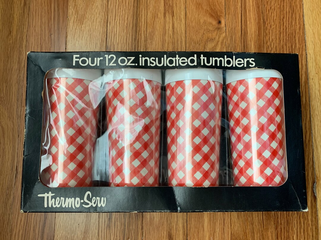 Vintage Thermoserv Set of Four Red Gingham Check Insulated Tumblers