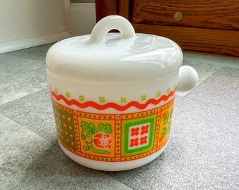 Vintage 1970s Avon Milk Glass Jar Candle Holder Orange Green Yellow Mod Design