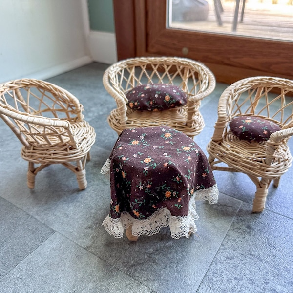 Vintage Wicker Rattan Doll Furniture Set Chairs, Loveseat, Table Boho Barbie Bohemian Decor