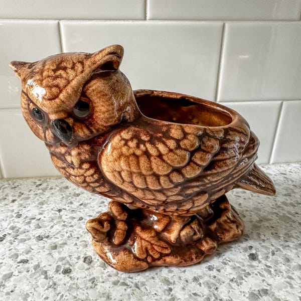 Vintage Pink Poodle Ceramics Brown Owl Planter Made in USA