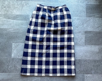 Vintage Pendleton Wool Navy and Cream Checkered Midi Skirt SZ 8