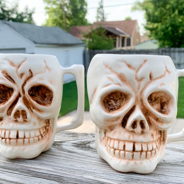 Vintage Set of 2 Orchids of Hawaii Skull Mugs Made in Japan R-10 Tiki Bar