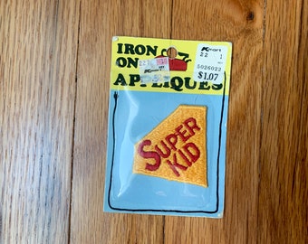 Vintage NOS Iron On Applique Sew-on Patch "Super Kid" Sew-on Red Yellow Funny Collectible Patch