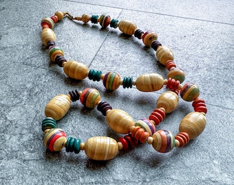 Vintage 1980s Pastel Rainbow Multicolor Resin & Wood Bead Necklace