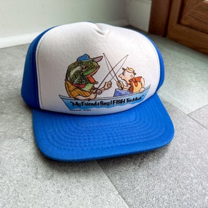 Vintage 1985 Wild Side West My Friends Say I Fish Too Much Blue Trucker Hat