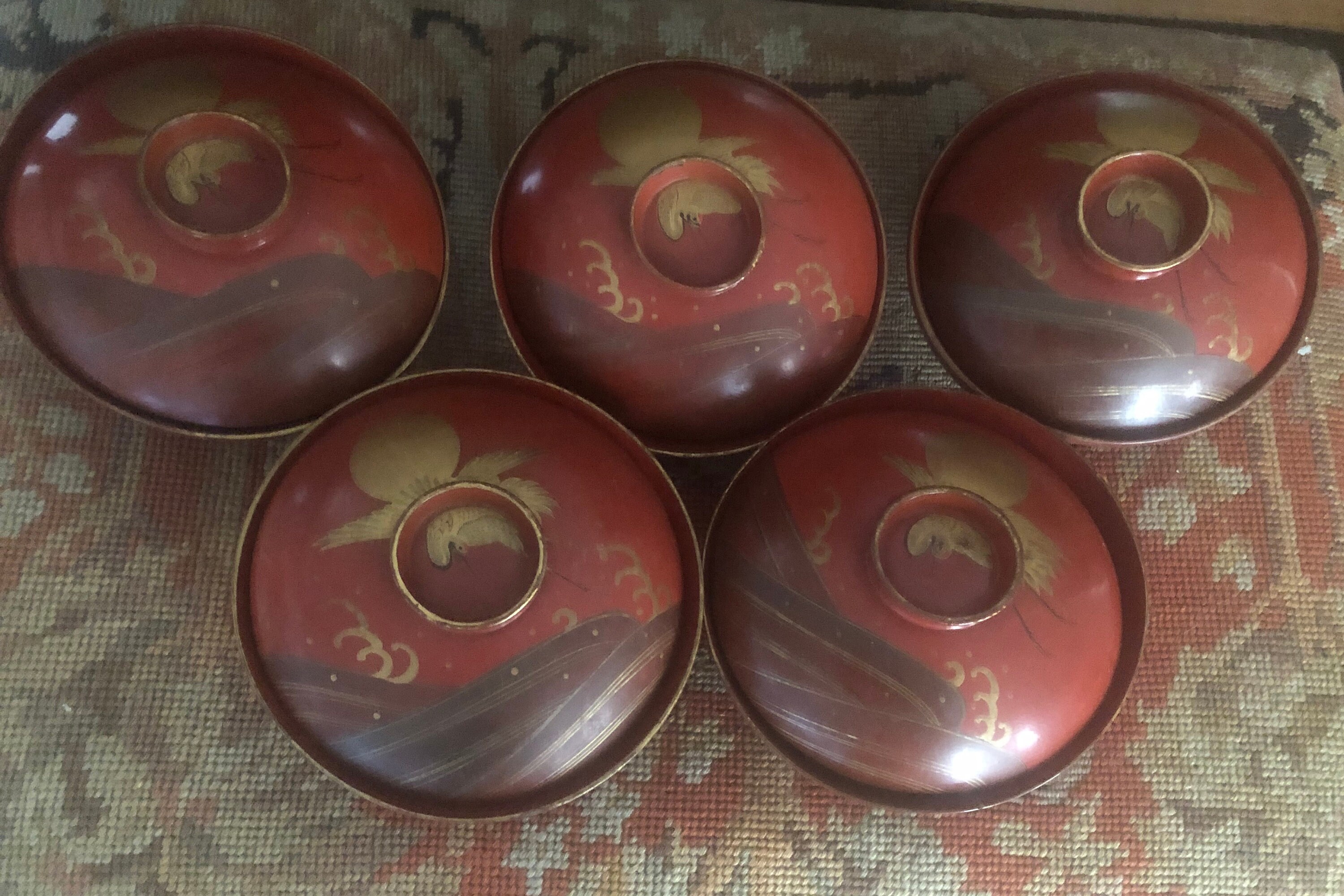 Antique Japanese red lacquer soup bowls with lids set of five Etsy