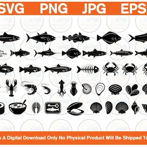 May include: A collection of black silhouette icons featuring various marine life including fish, crabs, lobsters, shrimp, squid, and shellfish. The graphic includes a fish skeleton, a bowl of soup, a sushi roll, and a rectangular tin with a key.
