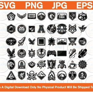 May include: A collection of black and white vector icons featuring various symbols including animals, skulls, rockets, sports equipment, nature scenes, and tools. The text SVG, PNG, JPG, EPS appears at the top, and a digital download notice at the bottom.