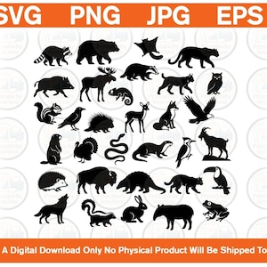 Op de afbeelding: Een verzameling zwarte silhouetten van diverse wilde dieren, waaronder een wasbeer, beer, eland, uil, adelaar, slang en konijn. De afbeelding bevat de tekst SVG, PNG, JPG, EPS bovenaan en This Is A Digital Download Only No Physical Product Will Be Shipped To You onderaan.
