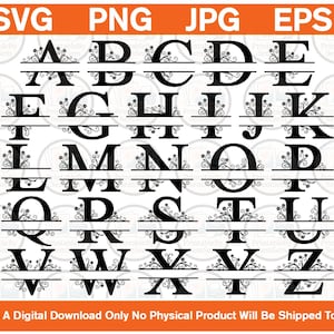 Könnte beinhalten: Eine digitale Sammlung schwarzer Buchstaben von A bis Z in einer Serifenschrift, jeweils mit einer horizontalen Trennlinie und floralen Rankenverzierungen. Oben steht der Text SVG, PNG, JPG, EPS und unten steht This Is A Digital Download Only No Physical Product Will Be Shipped To You.
