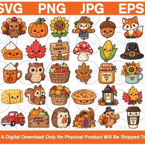 Cute Thanksgiving svg png jpg eps Bundle, Kawaii Turkey Vector, Pumpkin Harvest Clip Art, Cricut Cut File