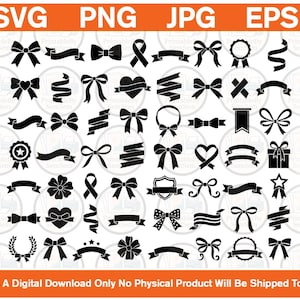 May include: A collection of black silhouette icons featuring various bows, ribbons, banners, hearts, stars, and circular emblems arranged in a grid. The top text reads SVG PNG JPG EPS and the bottom text reads This Is A Digital Download Only.