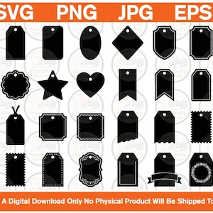 May include: A collection of twenty-four black silhouette gift tags in various shapes including rectangles, ovals, stars, hearts, and shields, each featuring a small hole for hanging. The text SVG, PNG, JPG, EPS appears at the top of the image.