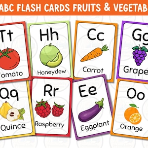 May include: A set of eight educational flash cards featuring fruits and vegetables with corresponding letters of the alphabet. The cards display illustrations of a tomato, honeydew, carrot, grapes, quince, raspberry, eggplant, and orange with text.