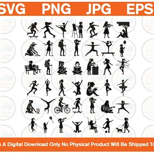 Pode incluir: Uma coleção de silhuetas pretas representando várias atividades, incluindo skate, dança, leitura, esportes, caminhadas e música, dispostas em uma grade com as etiquetas de texto SVG, PNG, JPG e EPS na parte superior.