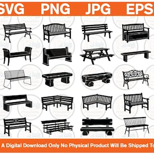 Può includere: Una collezione di venti icone a silhouette nera che raffigurano vari stili di panchine da esterno, inclusi design a doghe, in tronchi, angolari e da picnic. L'immagine include il testo SVG, PNG, JPG, EPS e un avviso di download digitale.