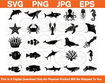 Marine Creatures Silhouettes Bundle | Ocean Animals SVG Cut Files (Digital Download)