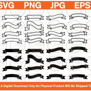 Pode incluir: Uma coleção de faixas de fita digitais em preto e branco com várias formas e estilos, incluindo designs sólidos e contornados. A imagem exibe os rótulos de texto SVG, PNG, JPG, EPS no topo e um aviso de download digital na parte inferior.