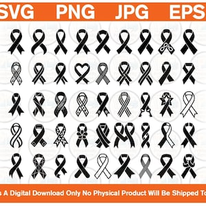 May include: A digital collection of forty-five black awareness ribbon icons in various patterns and styles, including solid, striped, heart-shaped, and star-accented designs. The text SVG, PNG, JPG, EPS appears at the top, and a disclaimer is at the bottom.