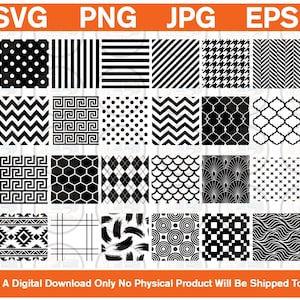 May include: A collection of twenty-four black and white digital patterns arranged in a grid, including polka dots, stripes, chevrons, houndstooth, geometric shapes, and abstract lines. The text SVG, PNG, JPG, EPS appears at the top and bottom.