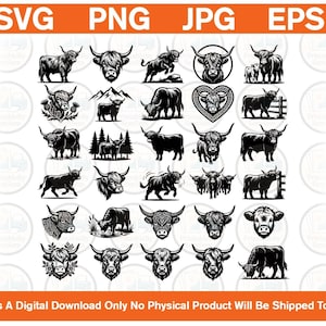May include: A collection of twenty-five black and white digital illustrations featuring Highland cattle in various poses, including portraits, full-body stances, and scenes with mountains, trees, and heart-shaped frames, presented in a grid layout.