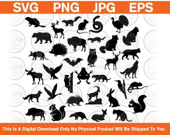 36種類の森の動物のシルエット SVG バンドル | 野生動物のクリップアート PNG EPS
