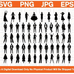 May include: A collection of black silhouettes featuring various people in diverse poses and outfits arranged in a grid. The top banner displays the text SVG, PNG, JPG, EPS, and the bottom banner states This Is A Digital Download Only.