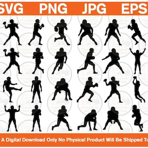Könnte beinhalten: Eine Sammlung von vierundzwanzig schwarzen Silhouetten von American-Football-Spielern in verschiedenen Aktionsposen, darunter Laufen, Werfen und Fangen, angeordnet in einem Raster. Die Kopfzeile zeigt den Text SVG, PNG, JPG, EPS in Weiß auf Orange.