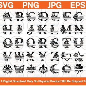 May include: A digital collection of black split-letter monograms featuring floral accents for each letter of the alphabet, plus symbols including a heart, star, paw print, butterfly, crown, fleur-de-lis, moon, sun, and clover, with file formats SVG, PNG, JPG, and EPS.