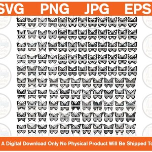 May include: A digital collection of black butterfly silhouettes arranged in a grid, each featuring a horizontal split across the centre. The top banner displays the text SVG, PNG, JPG, EPS, and the bottom states This Is A Digital Download Only.