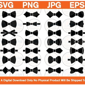 Op de afbeelding: Een digitale collectie van vierentwintig zwarte strikjesiconen gerangschikt in een raster. De koptekst toont de tekst SVG, PNG, JPG en EPS. De voettekst vermeldt This Is A Digital Download Only No Physical Product Will Be Shipped To You.