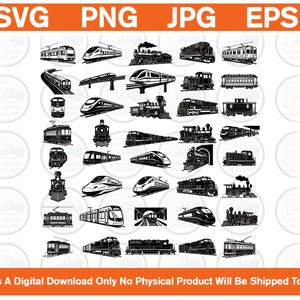 May include: A collection of thirty black and white vector illustrations featuring various types of trains, including steam locomotives, modern high-speed bullet trains, passenger carriages, and streetcars, arranged in a grid format on a white background.